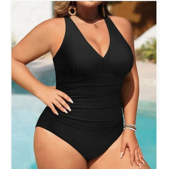 AQUA EVE - 12 Plus Elegant Black One-Piece Swimsuit - Picture 3 of 7